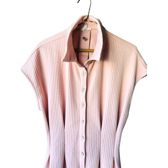 NWOT Mainstrip Pink Waffle Knit Wide Leg Pockets Open Back Button Jumpsuit L - Picture 3 of 13